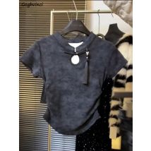 Retro T-shirts Frauen Sommer Single Button Aushöhlen Stehen Neck Chinesischen Stil Schlank Alle-spiel Einfache Kurze Plissee Mode gemütliche