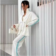 Zwei Stück Set Frauen Herbst Winter Mode Patchwork Pailletten Kontrast Lange Ärmel Zipper Mantel Beiläufige Breite Bein Hosen Outfi