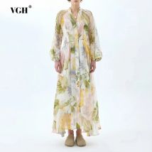 VGH Bohemian Vacation Style Long Dress for Women V Neck Puff Sleeve Patchwork Lace Printing Sheer Mesh Dresses Female Autumn New