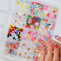 12Grids 3D süße Schleife/Kaninchen/Lollipop Nagel Charms gemischte Sommerfrüchte Y2K Nail Art Dekorationen für DIY Handwerk Maniküre Zubehör