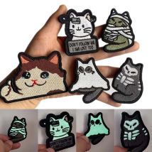 Leuchtende Geisterkatze, Cartoon-Stoffaufkleber, Stickerei, Klettverschluss-Aufnäher, leuchtet im Dunkeln, taktisches Abzeichen für Rucksack, Kleidung
