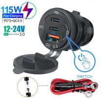 115W ładowarka samochodowa QC3.0 i gniazdo ładowarki samochodowej trzy gniazda USB PD typu C z przełącznikiem woltomierza aluminiowa metalowa Adapter szybkiego ładowania