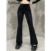 AltGoth Vintage Dark Gothic Velevt Hosen Frauen Streetwear Harajuku Hohe Taille Einfarbig Schwarz Casual Flare Hosen Weibliche Y2k