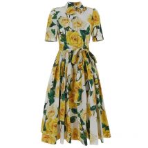 Sommer Runway Shirt Kleid Damen Revers gelb Rose gedruckt einreihigen Schnür gürtel Kurzarm Midi lange Vestidos 6838