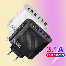 Insgesamt 65w 6 in 1 ladegerät 2.4a 3usb 3pd qc3.0 schnell schnell aufladen handy wand adapter für samsung s24 xiaomi eu // us/uk stecker