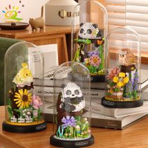 HUIQIBAO Blumenstrauß Staubschutz Panda Set Bausteine Bonsai Sammlung Niedliches Tier Lernspielzeug Kinder Weihnachtsgeschenk