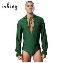 Body da ballo latino jazz da uomo con scollo a V profondo a maniche lunghe con strass glitterati con apertura sul cavallo Body da ballo per palcoscenico del principe di balletto