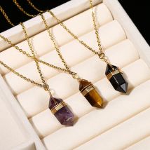 JD Pietra naturale Ametista Giallo Occhio di tigre Ossidiana Colonna esagonale Collana con ciondolo Donna Uomo Moda Energia Guarigione Catena Girocollo