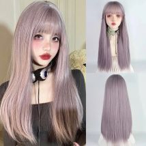 Lange gerade lila synthetische Frauen flauschige Lolita Cosplay Perücke mit Pony hitzebeständige Frauen Perücke für die tägliche Party