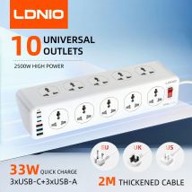 LDNIO Prolunga elettrica Multi-strisce ad alta capacità UK/US/EU/KR Spina multipla Cavo da 2 M 10 prese Tipo c Presa USB Protezione contro le sovratensioni