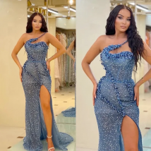 Einzelne Schulter Pailletten Meerjungfrau Abendkleid Ärmellose Sexy Ball Party Kleid Hohe schlitz frauen Langes Kleid Angepasst