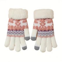 Christmas Reindeer Jacquard Knit Gloves with Plush Cuff Thick Warm Touchscreen Winter Soft Coldproof Warmth for Autumn Winter