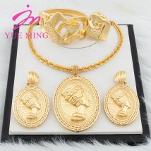 Ym Dubai Gold Farbe Schmuck Set für Frauen Luxus Brasilien Halskette Ohrring Armband Ring Trend Pharao Anhänger mit 60cm Kette
