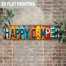 Happy Camper Metal Sign - Rustic Camping Decor 3.93x15.74" 1pc, Distressed Lettering 2D Flat RV Man Cave Indoor Outdoor Art