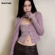 Karrram Japanische Y2k Kurze Strickjacke mit Schal Koreanische Mode Lila Strickwaren Vintage Quadratischer Kragen Crop Cardigans Ästhetik