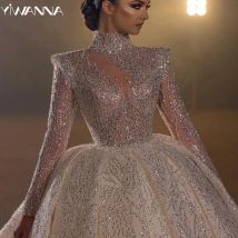 Modest Hohe Kragen Langarm Braut Kleid Sparkly Pailletten Hochzeit Kleid Luxus Ballkleid Braut Robe Angepasst Vestido De Novia