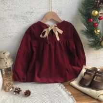 Schicke Weihnachten Burgunder Langarm Bluse Mädchen Herbst und Winter neue Cord Bubble Sleeve Shirts Kinder kleidung