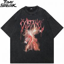 Hip Hop Retro Gewaschen Schwarz T-Shirt Streetwear Vintage Grafik Lightning Power T Shirt Baumwolle Unisex T-shirt Männer Tops T Y2K