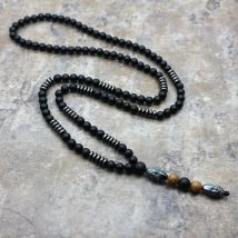 Neues Design 6mm Naturstein schnitzen Perlen Halskette Männer schwarz Hämatit lange Halskette alten Mann Kopf Anhänger Halskette Schmuck PQ-05