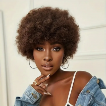 Schokoladenbraune verworrene lockige Perücken für schwarze Frauen, kurze Afro-Kinky-Locken-Echthaar-Perücken, flauschiges Haar, volle Maschinenperücke mit Pony