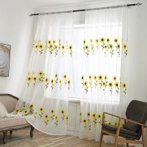 1 Stück Sonnenblumen-gestickter Vorhang, ländlicher, blumengestickter, durchsichtiger Fenstervorhang, Stangentasche, durchscheinender Tüll für Wohnzimmer