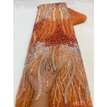 Afrikanischer Spitzenstoff, luxuriöse Damen-Abendkleider, französisches Netz mit Sequenz, gebranntes Orange, Perlen-Spitzenstoff für Stoff, KB4554