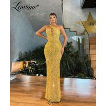Lowime Sexy Gold Perlen Party Kleider 2023, Angepasst Kristalle Meerjungfrau Gold Abendkleider Vestidos De Noche Geburtstag Prom Kleid