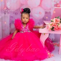 Maßgeschneidertes rosafarbenes Blumenmädchenkleid für die Hochzeit, geschwollene, ärmellose Baby- und Kindergeburtstagsfeier-Erstkommunion-Kleider