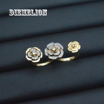 Romantic 18K Gold Plated Three Flower Rings AAA CZ Paved Adjustable Camellia Ring for Women Wedding Party Jewelry New