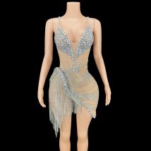 Sparkly Strass Fransen Mesh Sehen Durch Kurze Kleid Frauen Feiern Geburtstag Hochzeit Abend Kleid Sexy Show Bühne Tragen