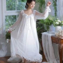 2025, Frühlings-Prinzessin, Modal, langes Nachthemd, Gaze, volle Ärmel, Vintage-Nachthemden, Mädchen, Rundhalsausschnitt, knöchellanges Homedress-Nachthemd