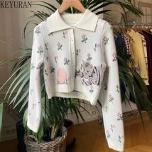 Women Chic Flower Cat Jacquard Knitted Cropped Cardigan Autumn Winter Vintage Tun-down Collar Sweater Jacket Coat Knitwear Tops
