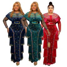 Frauen Afrikanische Kleider Diamanten O Neck Party Kleid Wunderschöne Vestidos Schlank Knöchel Länge Kanga Mantel Wrap Gesäß Gürtel Quaste
