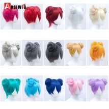 AOSIWIG Synthetische Cosplay-Anime-Perücke mit Haarknoten, kurzes glattes Haar, rosa, weiß, blau, grün, Perücke, Damen-Accessoires