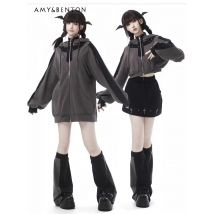 Subkultur Mädchen schwarz und grau Anzug Gothic Patchwork Kapuze kurzen Reiß verschluss Pullover Minirock y2k zweiteilige Sets Damen Outfits