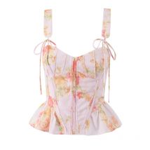 YENKYE Neue Frauen Floral Print Rosa Knochen Schlank Tank Top Plissee Rüschen Saum Sommer Korsett Crop Top Urlaub ropa de mujer