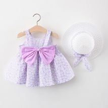 Baby Kleid 2025, Sommer Neue Mädchen Bogen Strap Set kinder Blume Drucken Hosenträger Shorts Casual Zwei Stück Set + hut