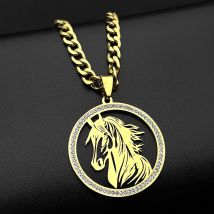 Hollow Horse Head Rhinestones Pendant Necklace for Women Men Stainless Steel Gold Color Animal Chain Necklaces Gift Jewelry