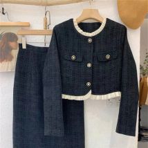 Frau Duft Clip Baumwolle Holz Ohr Nähte Tweed Mantel Rock Anzug Retro einreiher Woolen Mäntel Überrock Zwei-stück Set