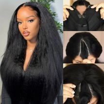 16-32 Inch V Part Wig Kinky Straight Human Hair 200 Density Wear To Go Natural Colored Upgrade Glueless Human Hair Wig For Women