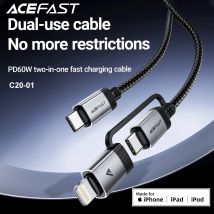 ACEFAST 2 in 1 Cavo per telefono PD60W con certificazione MFi da USB-C a USB-C / Lightning a ricarica rapida per iPhone 16/15 Pro Max Cavo cablato 1,2 M