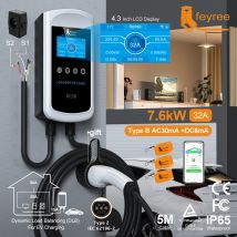 Caricatore EV Tipo 2 Feyree con Schermo da 4,3 Pollici, 32A 7,6kW, Bilanciamento Dinamico del Carico, 11kW 22kW Trifase, Wallbox EVSE con App e Cronologia dei Ricariche