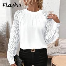 Mode Frauen Bluse weißes Hemd Herbst Frauen Langarm Tops o Hals Spitze Ärmel Plissee Design Büro Shirt Pullover