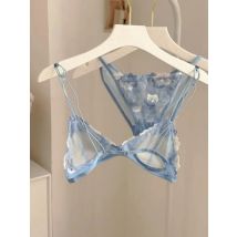 Elegantes, ausgehöhltes Spitzen-BH- und Höschen-Set ohne Bügel, durchsichtiges französisches Triangel-Cup-Bralette, unsichtbar unter T-Shirt, Damenunterwäsche