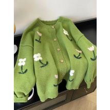 Floral Süße Grüne Strickjacke Frauen Langarm Vintage Nette Gestrickte Pullover Koreanische Retro Casual Weibliche O Neck Herbst Tops Jacken