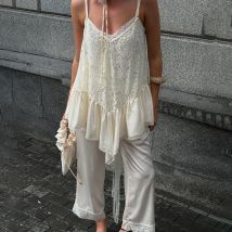 Tornova Spitze Splice Sling Weste T-shirt Dame Unregelmäßige Durchsichtig Sexy Top V-ausschnitt Hot Girl Casual Party Pendeln Tanks Mode