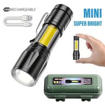 Leistungsstarke Mini-LED-Taschenlampe, COB + XPE-Zoom-Taschenlampe, eingebauter Akku, wiederaufladbares USB-Licht, tragbare Camping-Notfalllampe für den Außenbereich