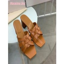2025 Summer Women New Weaven Slippers Sexy Design Elegant Square Toe Block Chunky Heel Outdoor Concise Brown Solid Ladies Shoes