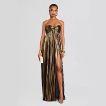 Gold Stamping Tube Top Party Dresses Women Fold Temperament Sexy Slit Long Dress Fashion Trendy Solid Color Party Prom Vestidos