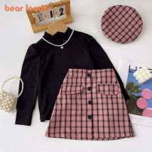 Bär Führer Kinder Kleidung Mädchen Rosa Karierten Kurzen Rock + Schwarz Half Neck Top + Hut Herbst Neue Drei Stück set Kinder der Kleidung